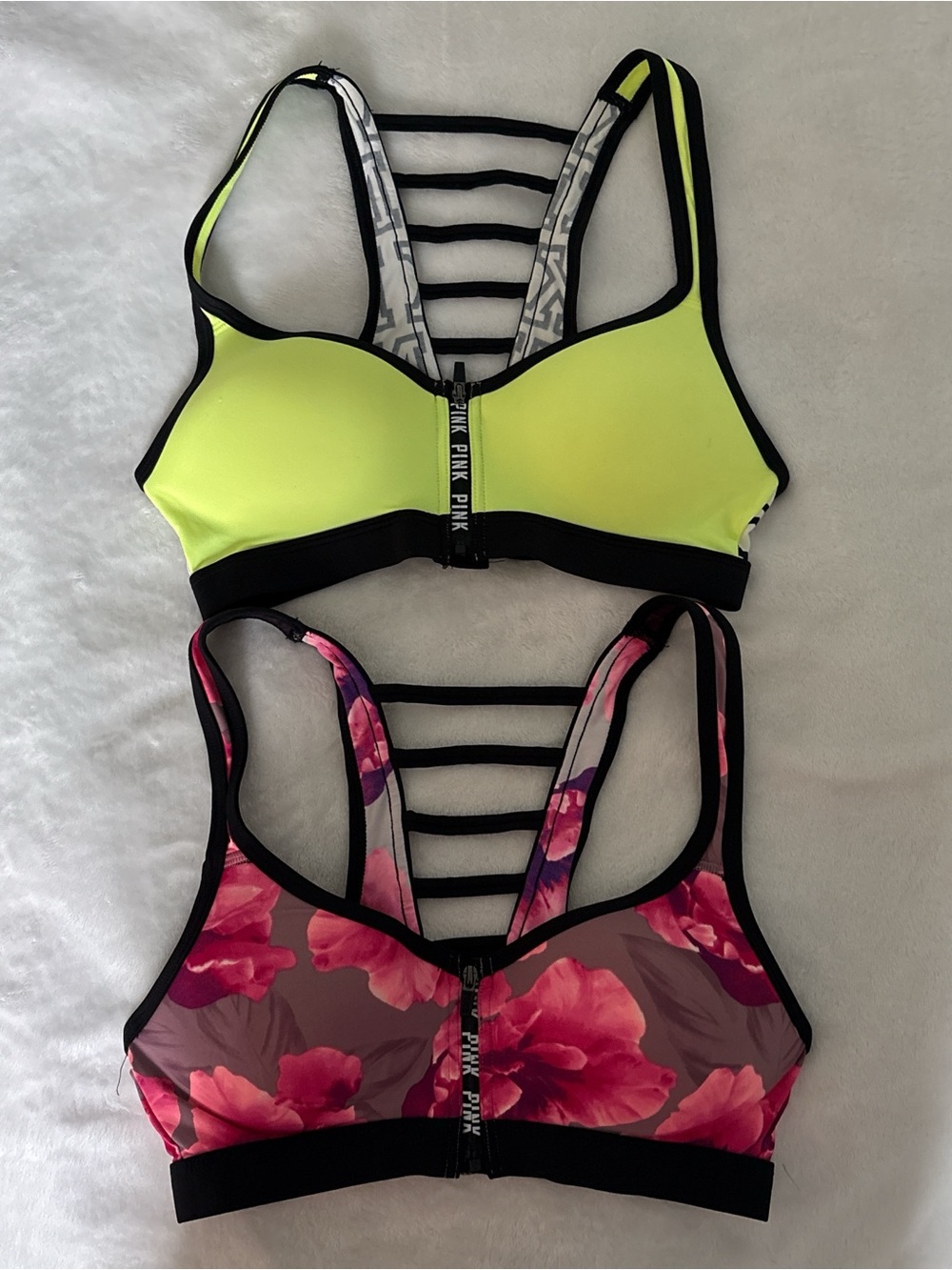 PINK Victoria's Secret Front-Zip Sports Bra Duo - Neon Yellow & Floral Pink